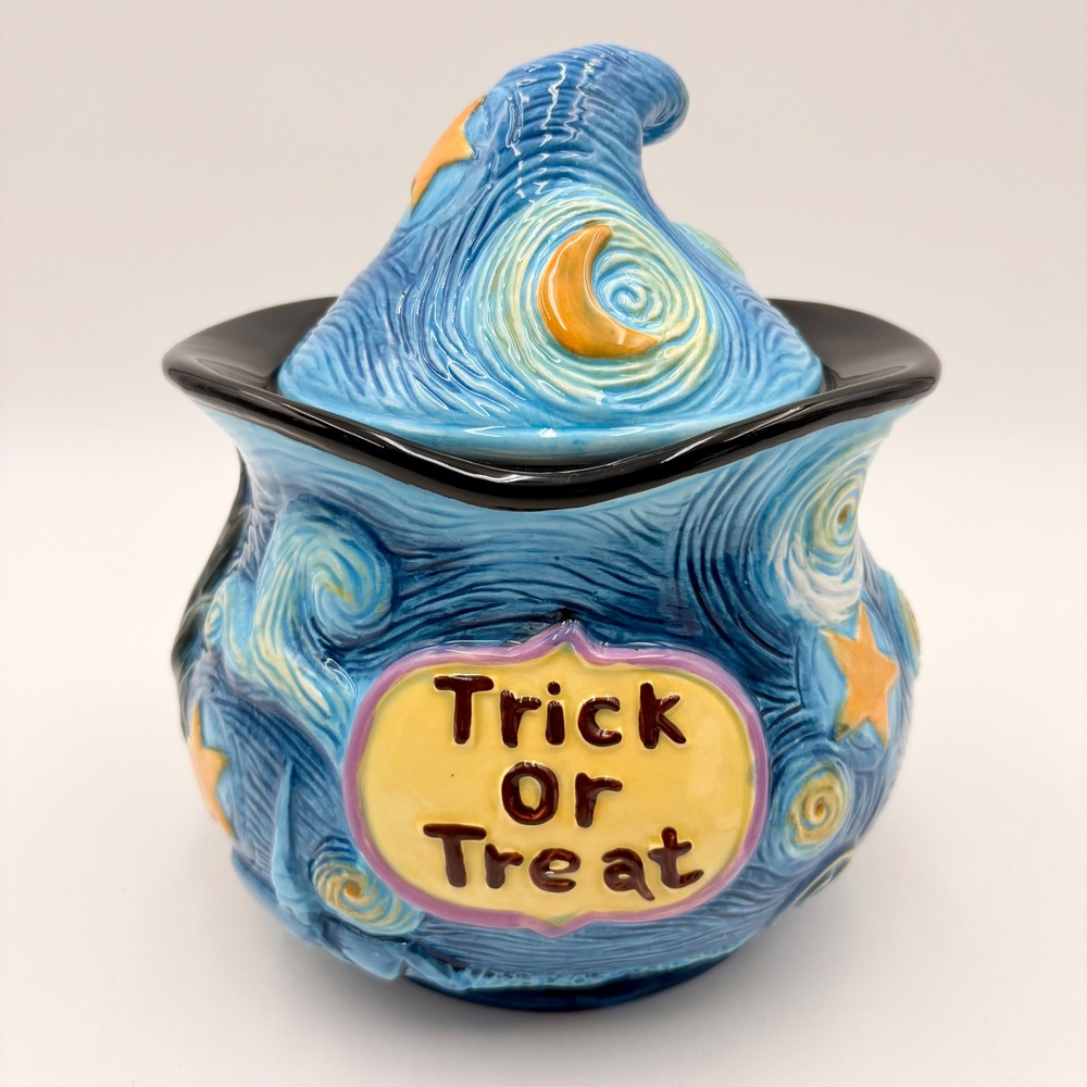 Van Gogh Starry Night Halloween Cauldron Ceramic Cookie Jar Trick or Treat Hat